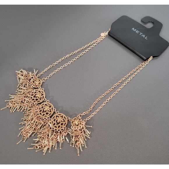 Rose Gold Tone Statement Necklace Filigree Beaded Fringe 16" +3" Extender - Picture 5 of 15